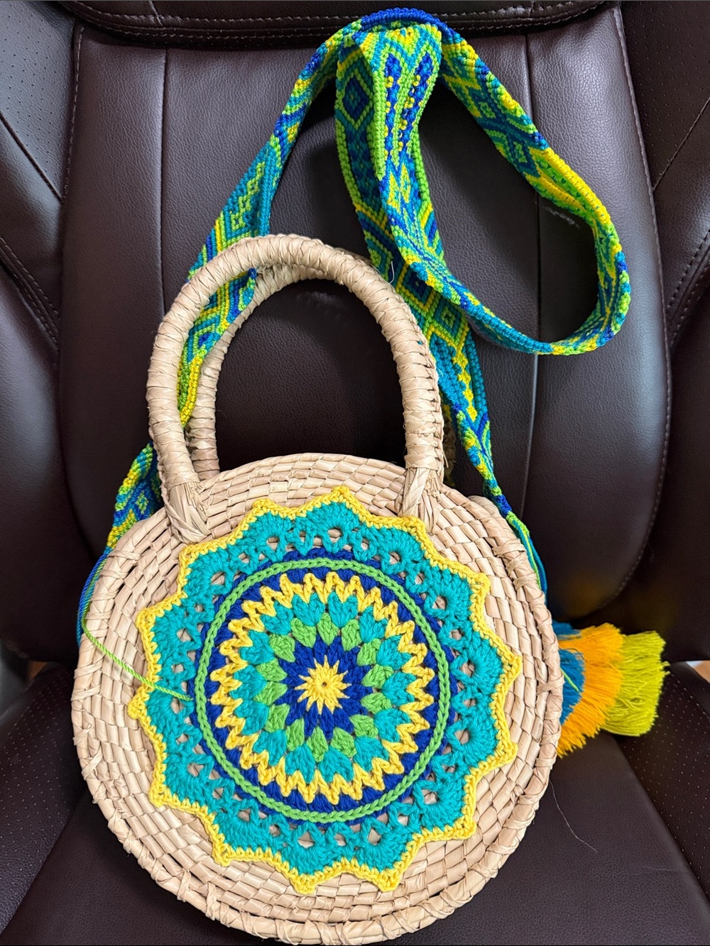 Handwoven Round Crossbody Bag with Teal, Blue and Yellow Crochet Medallion